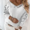 Kvinnors tröjor Kvinnor Elegant paljett 2023 Autumn Winter Sexig V-ringning Backless Pullovers Tops Ladies Casual Long Sleeve Sweater