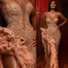 Elegant Evening Formal Dresses Sweetheart Beading Crystals Sexy Prom Gowns Thigh High Slits Sequined Tiered Ruffles robes de2294