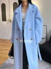 Mélanges de laine pour femmes Femmes beau classique bleu ciel épaissir chaud hiver laine cachemire Long manteau laine Double boutonnage à lacets avec ceinture pardessus HKD230904