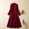 2023 Autumn Wine Red Solid Color Panelled Slim Dress Long Sleeve V-Neck Midi Casual Dresses S3S020831