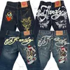 Mäns jeans American Fashion Anime tryckt hög midja jeans Men Y2K Street Hip Hop Harajuku Loose Casual High midje breda benbyxor 230904