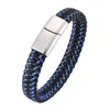 Charme pulseiras moda homens jóias punk preto azul trançado pulseira de couro para aço inoxidável fecho magnético masculino pulseira presentes sp0002