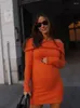 Sıradan elbiseler puwd kadın moda turuncu büyük yaka mini örgü 2023 bahar vintage uzun kollu kadın vestidos mujer