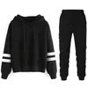 Pantalon deux pièces pour femme - Survêtement décontracté - Sweat à capuche rayé - Ensemble de sport avec cordon de serrage - Style simple - Pull-over - Tenue