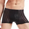 Cuecas sexy homens transparentes boxer briefs sheer malha bolsa listrada roupa interior lingerie shorts masculinos finos