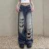 Damenjeans American Style Old Patch Ripped Damen High Street Design Sense Ins Retro Loose Straight Wide Leg Wischhose