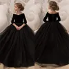 Flickaklänningar Flower Dress Black Seven-Point ärmar V-Neck Princess Ball Gown Kids Pageant With Elegant 1-14 Year Robe