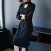 Casual Dresses Long Sweater Dress Hollow Out Women Autumn Winter Mock-Neck Sleeve Sticked Belt Fashhion Thick Shirt Femme V28