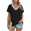 Women's T Shirts Women Summer Short Sleeve Lace Crochet V-Neck Blouses T-Shirt Casual Loose Solid Color Striped Print Pullover Tunic Tops