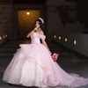 Błyszcząca różowa ukochana z ramion księżniczka suknia balowa quinceanera sukienki eleganckie paski Kryształowy sukienka 16