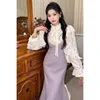 Arbetsklänningar Autumn Korea Elegant kvinnor Två stycken Set Outfit Retro Lace Half-High Collar Bow Shirt Overall Outwear Sweet 2PC Dress