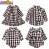 Basic Casual Dresses Brother Sister Girls Kids Dress Matching Clothes 2023 New Lattice Long Sleeve Boys T-shirt Shirt Children Clothing Baby Romper LST230904