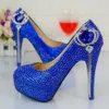 Chaussures de mariage en strass bleu Royal faites à la main, escarpins à talons hauts à enfiler, bout rond, escarpins de fête de bal, grande taille 44 45285z