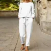 Women's Two Piece Pants Linen Sets Women Fashion Solid Color Casual 2pcs Loose O Neck Long Sleeve Pullover Tops Elastic Waist Pencil