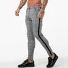 Mens Jogger Pants Grey Plaid Chinos Skinny Pants for Men Side Stripe Stretchy Montering Athletic Body Building241C