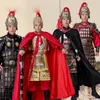 Han Tang Song Ming-dynastie Mannen Militair pantser Oud China Generaals Kostuum Prestatie Outfit Zwart Rood Gouden pantser + mantel