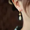 Orecchini pendenti dal design classico in giada di Hetian naturale per le donne, perline ovali, con ciondolo a goccia, gioielli in stile etnico artigianale in oro antico