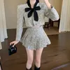 Women's autumn lacing bow collar tweed woolen high waist short jacket and pleated mini skirt twinset 2 pc dress suit SML