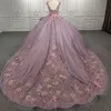 Lavanta Parlak Seksi V yaka Quinceanera Elbise Kristal Boncuklu İşlemeli Aplikeler 3dflower Kokteyl Elbiseleri Vestidos De 15