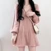 Casual Dresses Elegant Slim Bottom Autumn Winter V Neck Pink Twist Sweater Dress Mini Wild Lantern Sleeve Knit Korean Vestido Mujer Lady