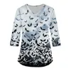 Women's T Shirts Loose V Neck Pocket Halloween Bat Print Three Quarter Sleeve Workwear Top Female Fashion UniformTop T-Shirts 2023