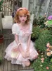 Summer Pink Kawaii Lolita Dres Puff Sleeve Japanese Sweet Party Mini Dress Bow Chiffon France Princess Fairy 230808