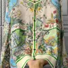 여자 스웨터 스프링 가을 꽃 프린트 재킷 실크 여성 싱글 가슴 시폰 코트 얇은 고급스러운 긴 소매 활주로 Jacquard 카디건 H136 J230904