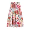 Skirts Spring Summer Women Vintage Totem Floral Print Pleats Casual A Line Skirt Faldas Mujer Female Elastic Waist Lace Up Chic Vestido