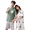 Mäns Sleepwear 2023 Sommarpar Kort ärm Bomullstryck Pyjamasuppsättningar för män Korean Loose Women Night Dress Homewear Clothes