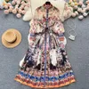 Casual Dresses Runway Maxi Dress Women's Long Lantern Sleeve Stand Gorgeous Flower Print Long Dress Female Buttons up Sashes 349t