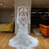 Luxo igreja vestidos de casamento rendas pena trem varredura alta pescoço sereia vestido de casamento imagem real manga longa praia vestidos de noiva 2231