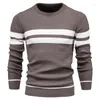 Мужские футболки, осенне-зимний повседневный полосатый свитер, пуловер, цветной круглый вырез, европейский размер, вязаный мужской топ