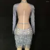 Stage Wear Sparkly Rhinestone Mini Dress Glitter Fringes Women Nightclub Performance Costume Birthday Celebrate Party Show