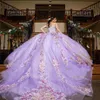 Lilas lavande Quinceanera robes 3D Floral Applique perlée sur l'épaule 2022 balayage train Tulle Satin sur mesure Sweet 15 16279K