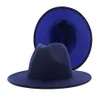 Trendy Navy Blue RoyalBlue Patchwork Faux Wool Fedora Hats Women Män kände vintage Panama Jazz Cap med Belt Buckle206V