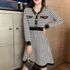 Casual Jurken Runway Herfst Winter vrouwen Plaid Breien Hoge Taille Elegante Mode Trui Jurk Lange Mouw Mini Vestido