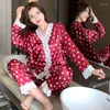 Women's Sleepwear Pajamas For Women Sexy Lace V-neck Long Sleeve Pyjamas Silk 2-piece Loungewear Plus Size Lingere