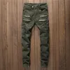 Hommes Multi fermetures éclair Denim jean droit mince homme jean pantalon mode pleine longueur décontracté Style Punk hommes déchiré armée Green242K