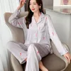 Women's Sleepwear 2PCS Women Pajamas Sets Sexy Turn-Down Collar Rayon Pyjamas Suit Lace Floral Trim Nightwear Casual M-XXL Home Clothes