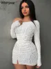 Vestidos informales básicos Sexy cuello oblicuo manga larga fruncido con abertura ceñido al cuerpo vestidos de fiesta para club nocturno otoño de mujer volantes blancos encaje cumpleaños Mini Vestidos LST230904