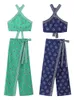 Dwuczęściowe spodnie damskie elegancka moda drukowana 2 set seksowna krzyżowa wiszące czołg na szyję długi garnitur 2023 Summer Lady Chic High Streetwear