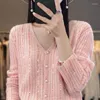 Malhas femininas 2023 outono camisola cardigan casaco com decote em v lantejoulas pérola botão sólido malha topo moda coreana S-2XL