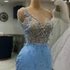 2023 Aso Ebi Arabic Sky Blue Syrenka Sukienka Prom Kryształy Seksowne wieczór Formalne przyjęcie Drugie przyjęcie urodzinowe suknie zaręczynowe sukienki szata de soiree ZJ361