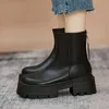 Botas Botines negros para mujer Resbalón en plataforma de cuero Bota Moda Tacón grueso Mujer Cremalleras traseras Botines Chelsea 230901