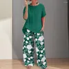 Women's Two Piece Pants Vintage Summer Set Women O Neck Short Sleeve Tops And Wide Leg Casual Blouse Flower Print Matching