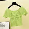 Women's T Shirts Women Knitted Shirt Summer Square Collar Short Sleeve Buttons Cropped Tees Casual Ruffles Solid Pullover Female Tops