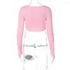 Frauen T-shirts TARUXY Slim Lace Up Für Frauen Langarm Rosa Sexy Nette Crop Tops Straße Casual Mädchen Kurze hemd Femme 2023