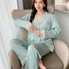 Women's Sleepwear 2PCS Women Pajamas Sets Sexy Turn-Down Collar Rayon Pyjamas Suit Lace Floral Trim Nightwear Casual M-XXL Home Clothes