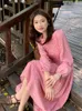 Sukienki swobodne różowe kwiatowe kobiety jesienne rękaw francuski styl mody bodycon vintage Temperament estetyczny midi