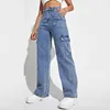 Jeans pour femmes Femmes Denim Streetwear Pantalon de style coréen Pantalon cargo taille haute 2023 Poche bleue Droite Casual